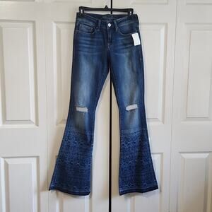 Mavi‎ Women's Medium Wash Peace Mid-Rise Flare Jeans Size 26 Pattern Boho Hippie